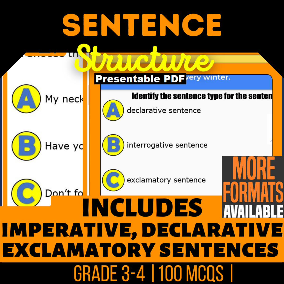 An educational teaching resource from Cored Education entitled Sentence Structure Practice - Grade 3-4 Grammar Presentable PDF downloadable at Teach Simple.