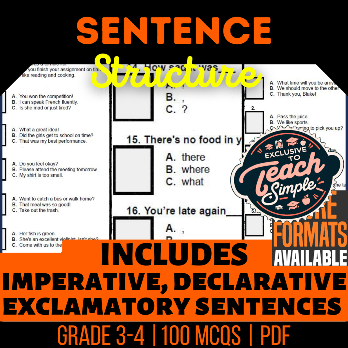 An educational teaching resource from Cored Education entitled Sentence Structure Practice Questions - Grade 3-4 Grammar (PDF) downloadable at Teach Simple.
