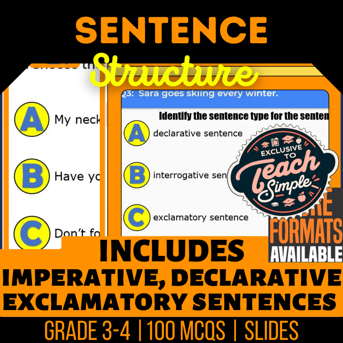 An educational teaching resource from Cored Education entitled Sentence Structure Practice Questions - Grade 3-4 Grammar (Slides) downloadable at Teach Simple.