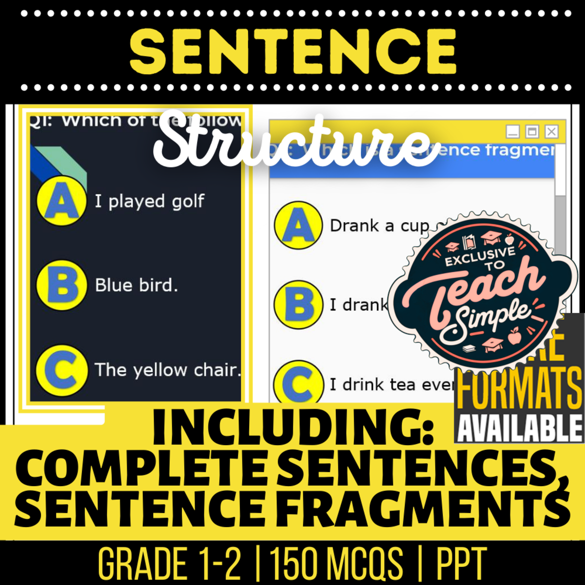 An educational teaching resource from Cored Education entitled Sentence Structure Practice Questions - Grades 1-2 Grammar (PPT) downloadable at Teach Simple.