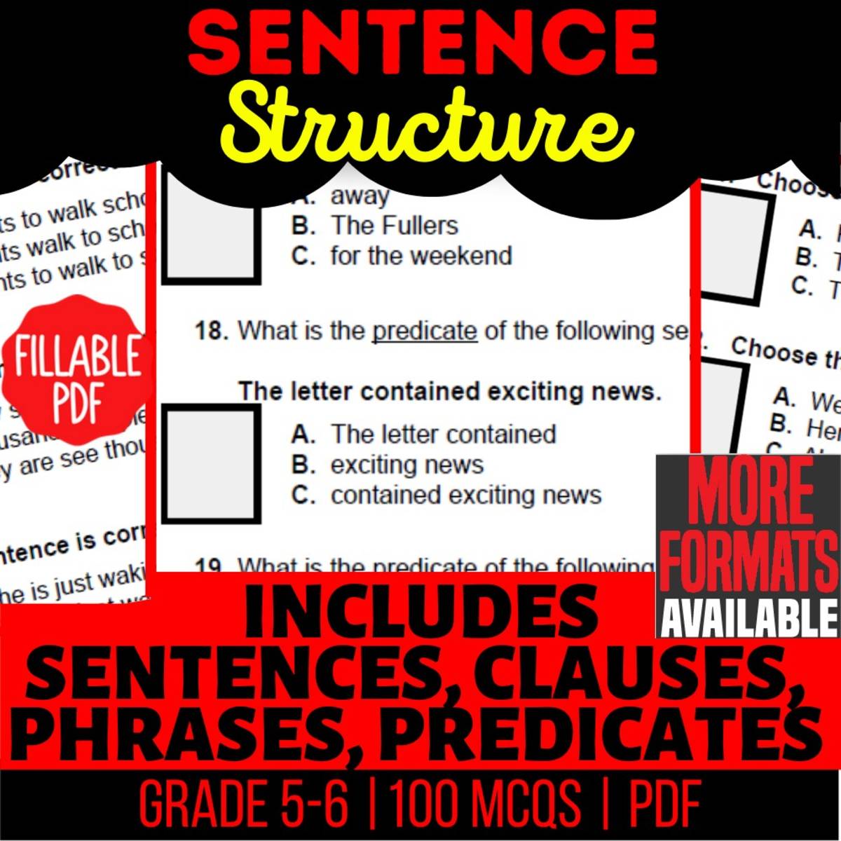 An educational teaching resource from Cored Education entitled Sentence Structure Practice Questions - Grammar Grade 5-6 Fillable downloadable at Teach Simple.