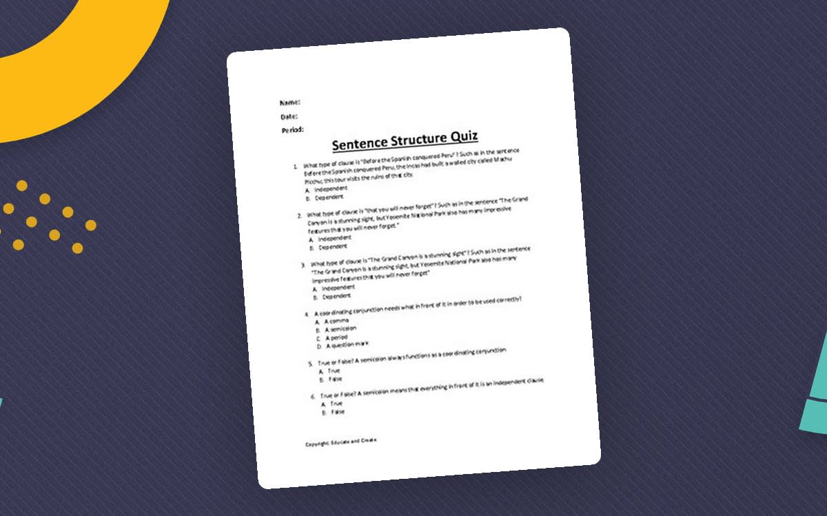 An educational teaching resource from Educate and Create entitled Sentence Structure Quiz downloadable at Teach Simple.