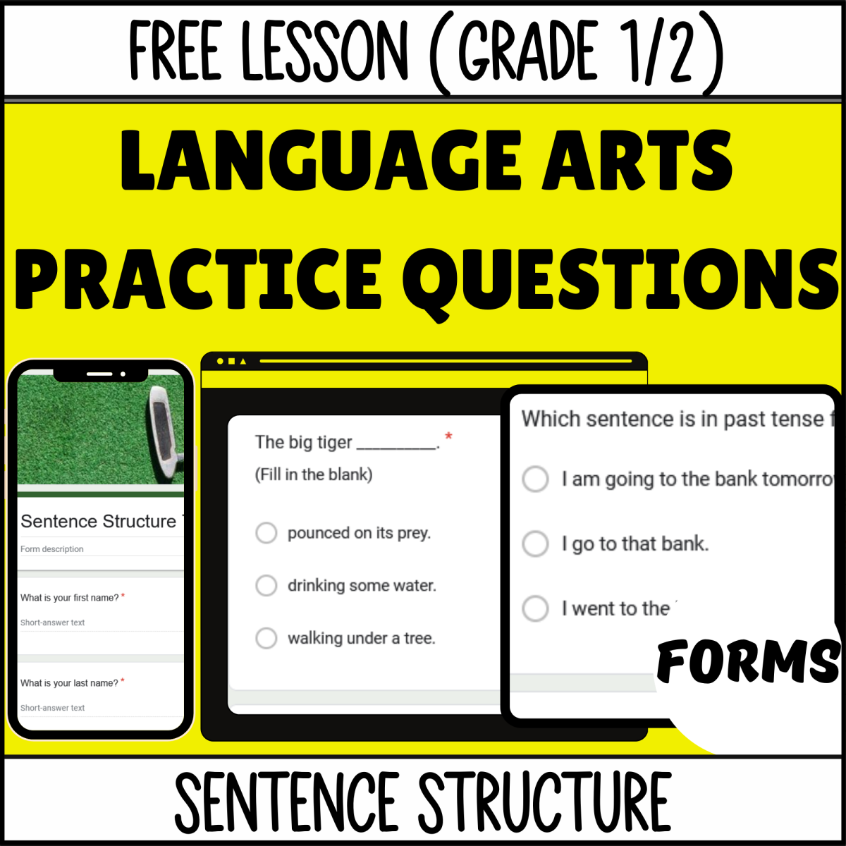 An educational teaching resource from Cored Education entitled Sentence Structure Sample - Grades 1-2 Grammar (Forms) downloadable at Teach Simple.