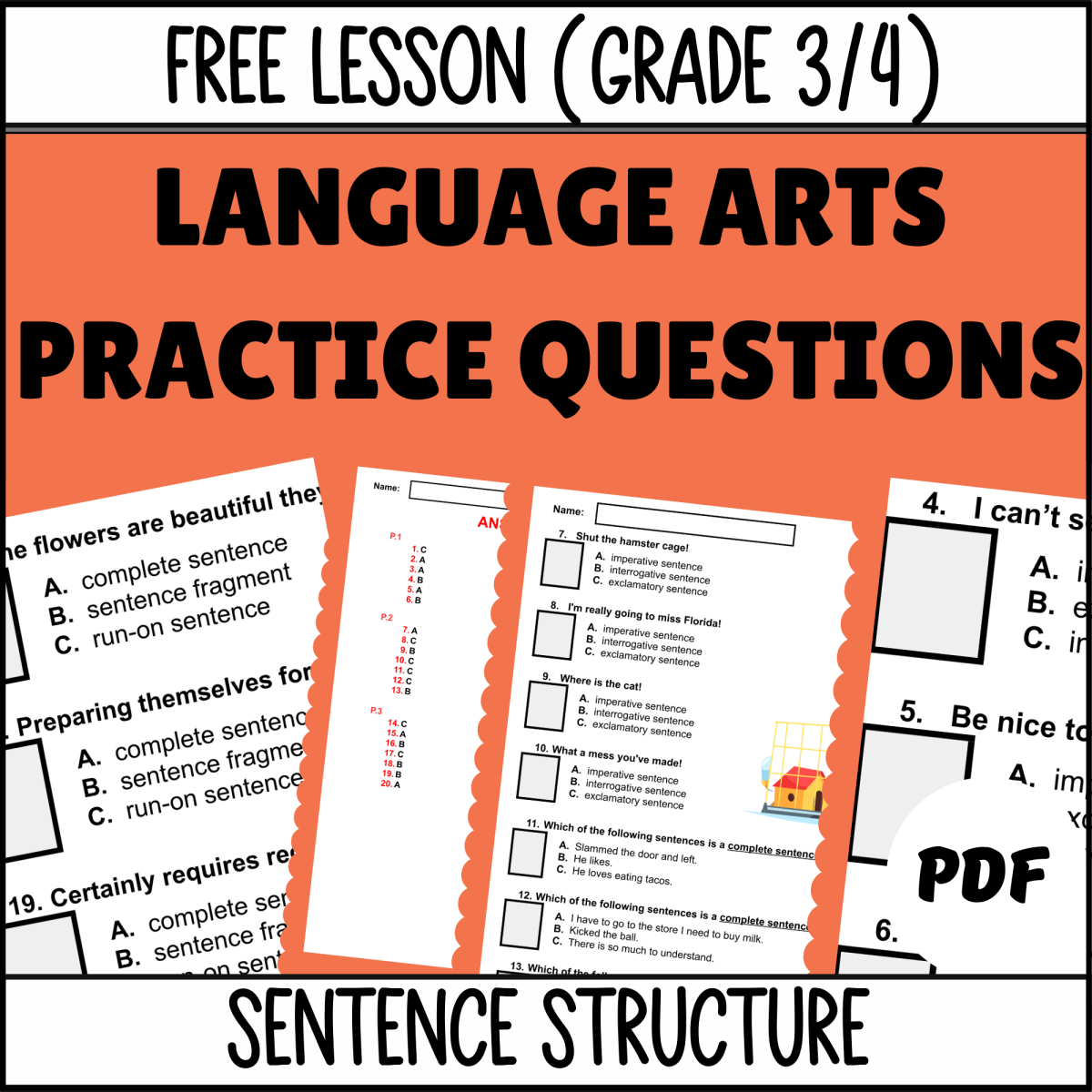 An educational teaching resource from Cored Education entitled Sentence Structure Sample: Grammar Grades 3-4 (PDF) downloadable at Teach Simple.