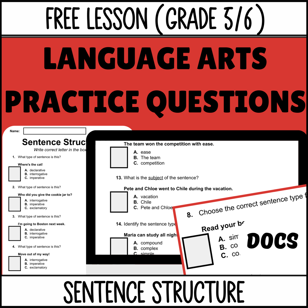 An educational teaching resource from Cored Education entitled Sentence Structure Sample Lesson - Grammar Grade 5-6 (Docs) downloadable at Teach Simple.
