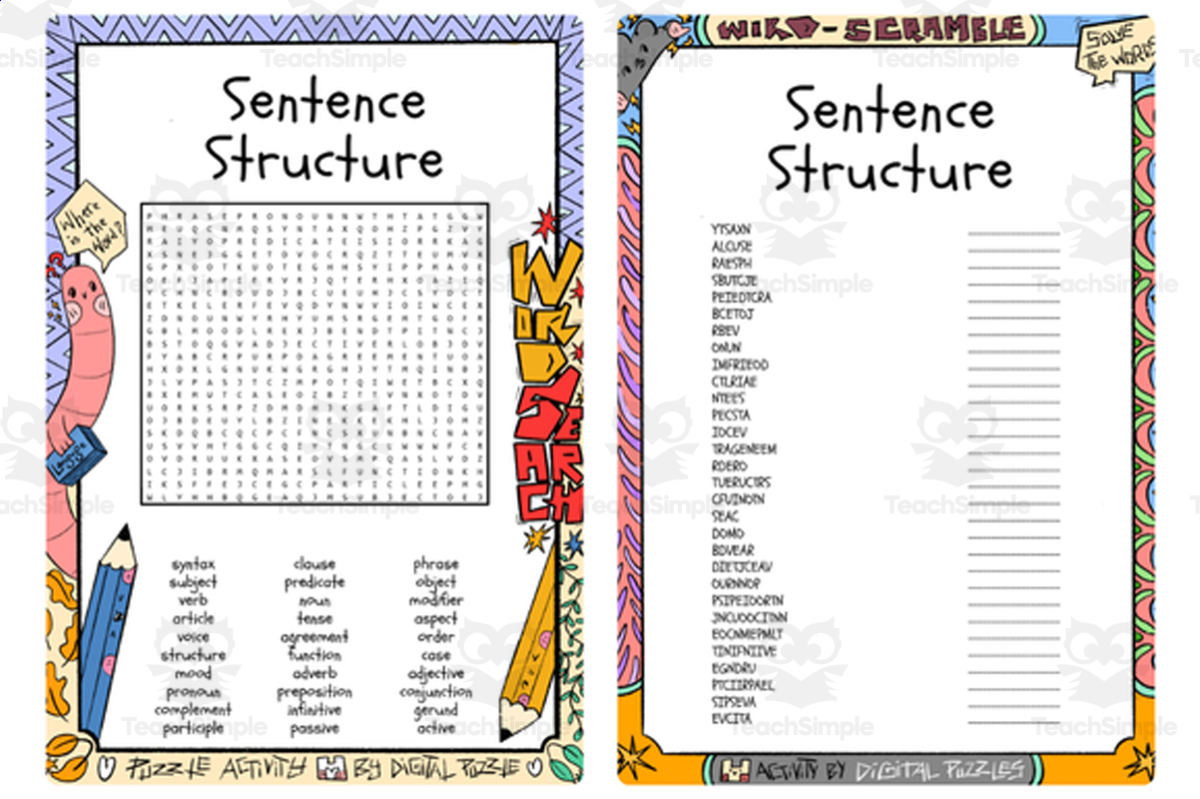An educational teaching resource from Lapiiin Art Activities entitled Sentence Structure Words word search & scramble downloadable at Teach Simple.