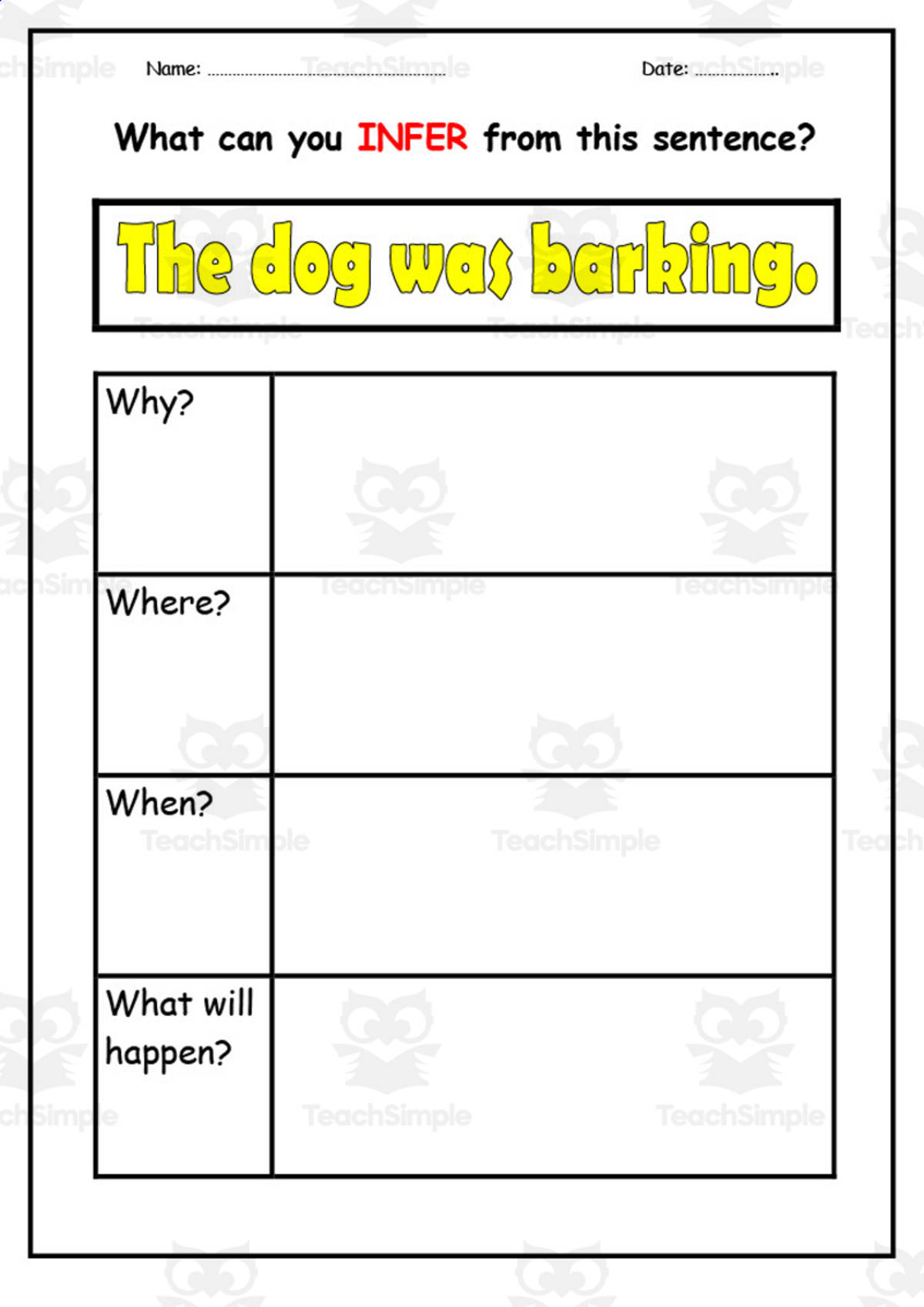 An educational teaching resource from Elementary Resources 4 U entitled Sentences to Infer downloadable at Teach Simple.
