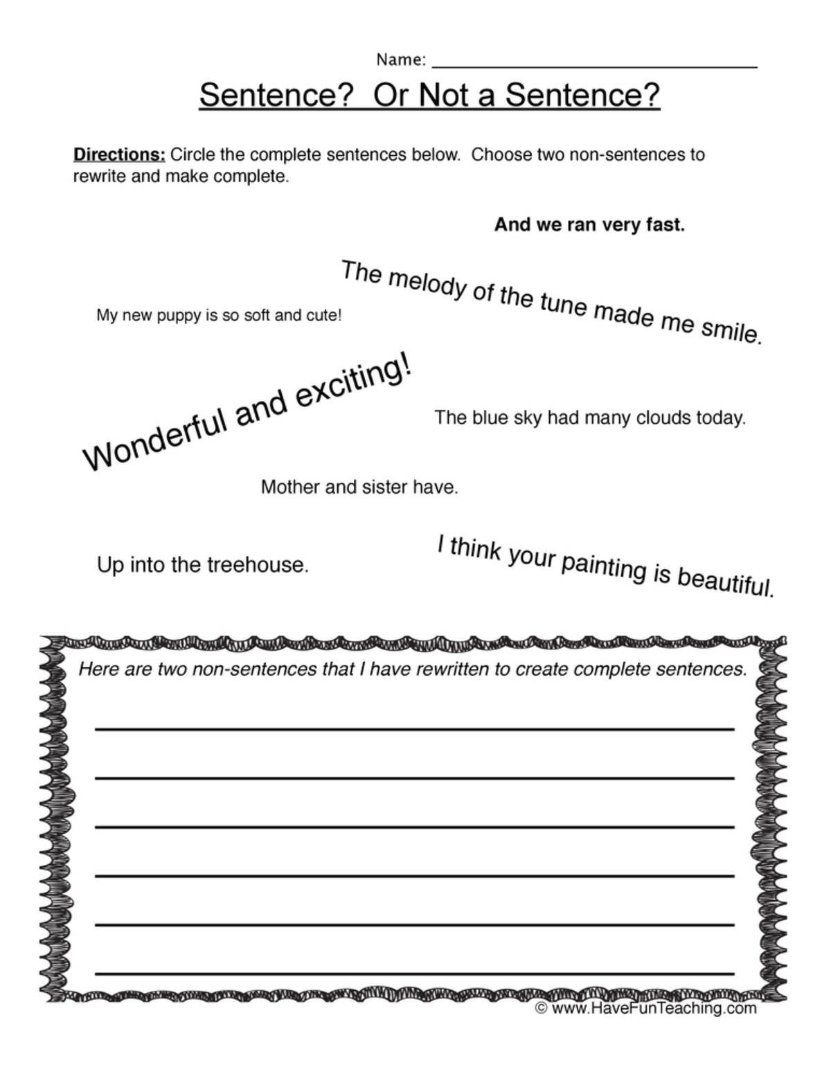 An educational teaching resource from Have Fun Teaching entitled Sentences Worksheet downloadable at Teach Simple.