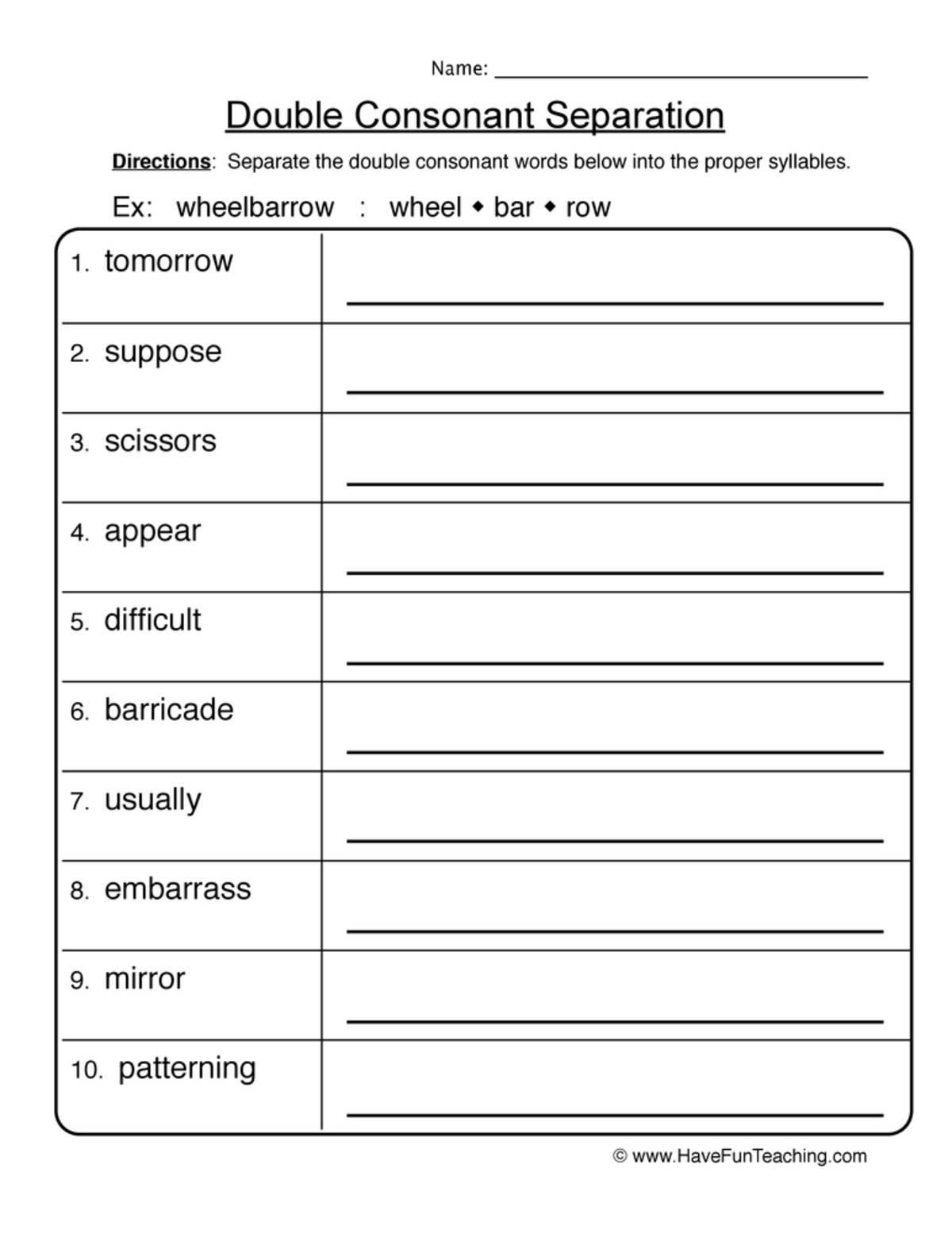 An educational teaching resource from Have Fun Teaching entitled Separating Double Consonants Worksheet downloadable at Teach Simple.
