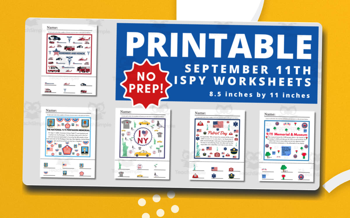 An educational teaching resource from Teacher Jenny entitled September 11 (Patriot Day) iSpy Printable Worksheets downloadable at Teach Simple.