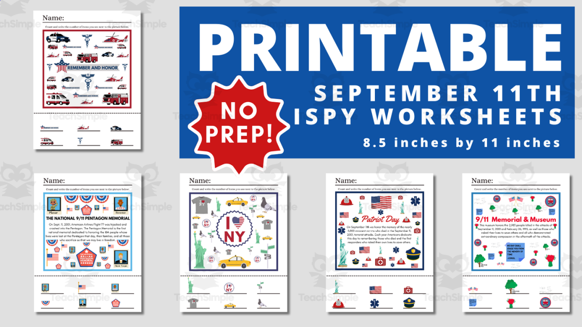 An educational teaching resource from Teacher Jenny entitled September 11 (Patriot Day) iSpy Printable Worksheets downloadable at Teach Simple.