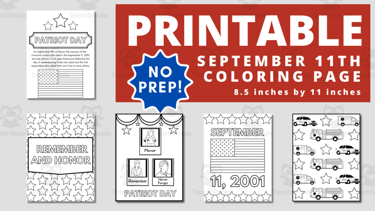 An educational teaching resource from Teacher Jenny entitled September 11 (Patriot Day) Printable Coloring Pages downloadable at Teach Simple.