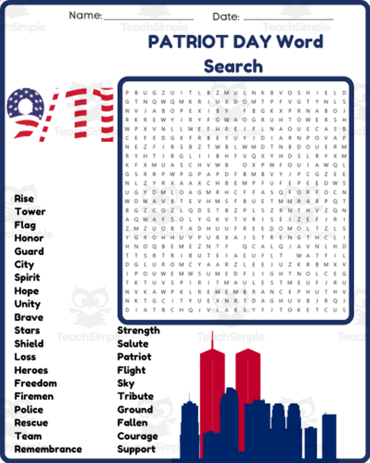 An educational teaching resource from space shope entitled SEPTEMBER 11TH - PATRIOT DAY Word Search Puzzle Worksheet Activity downloadable at Teach Simple.