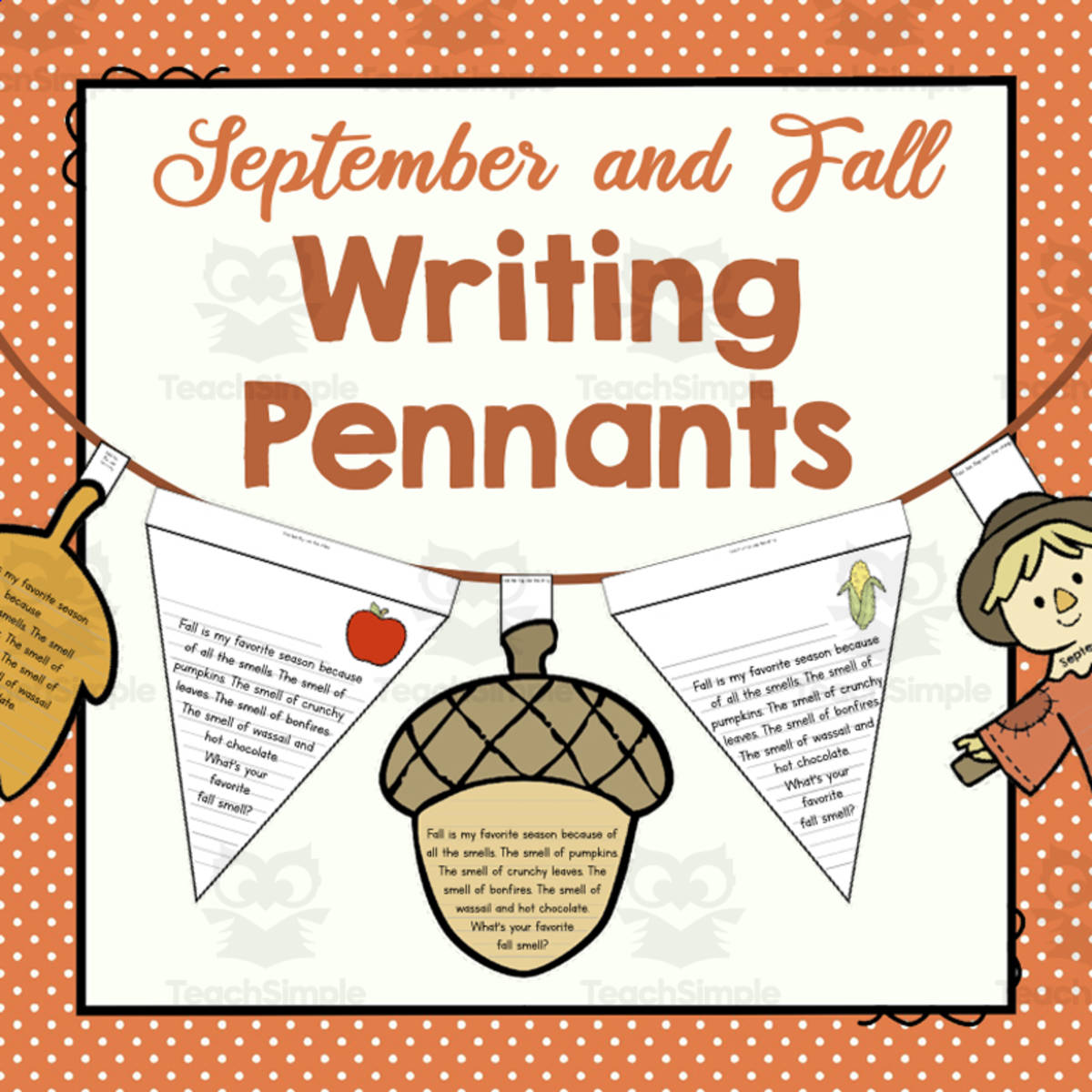An educational teaching resource from Simply Schoolgirl entitled September and Fall Writing Pennants | Writing Pennants or Banners | Seasonal Displays downloadable at Teach Simple.