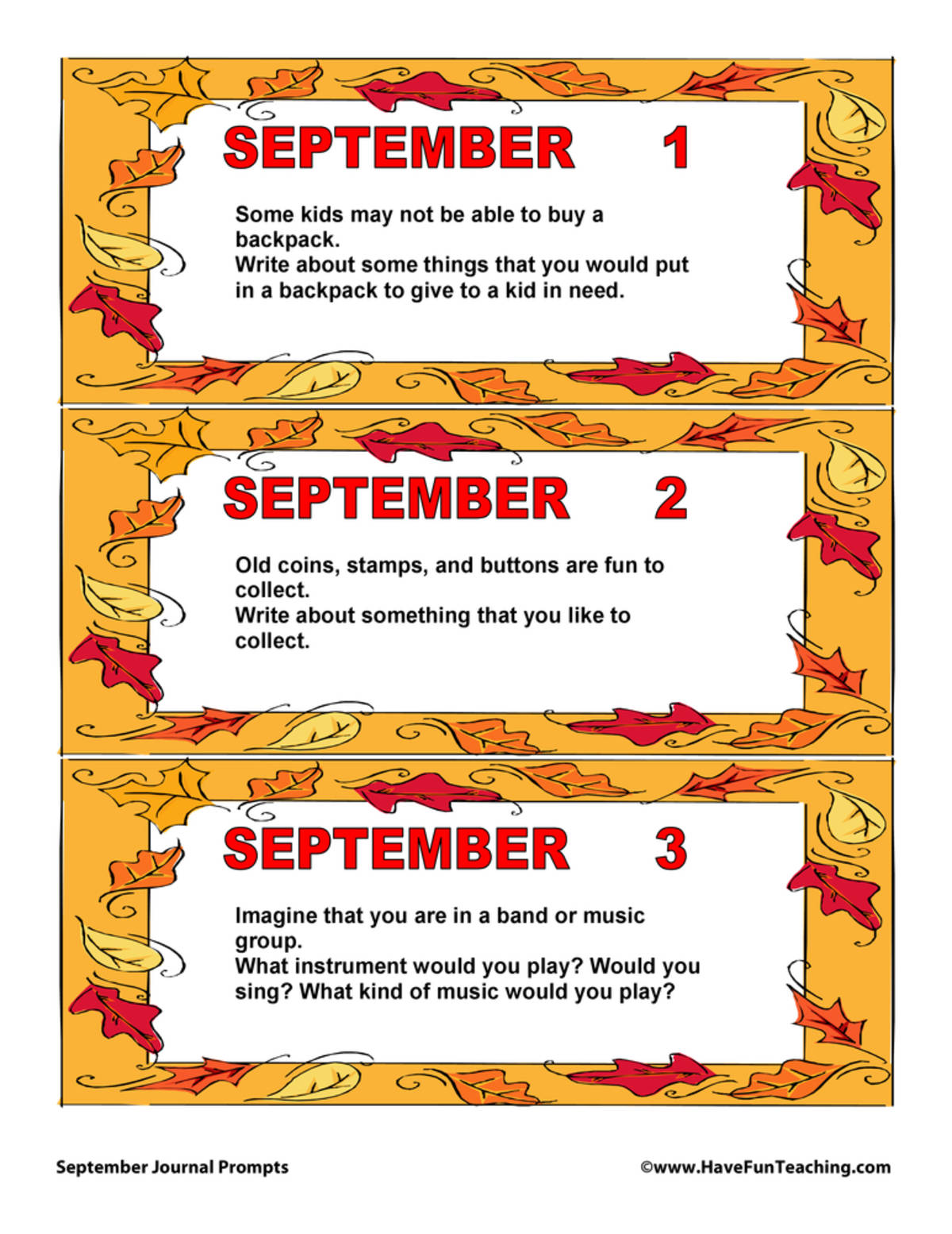 An educational teaching resource from Have Fun Teaching entitled September Daily Journal Prompts downloadable at Teach Simple.