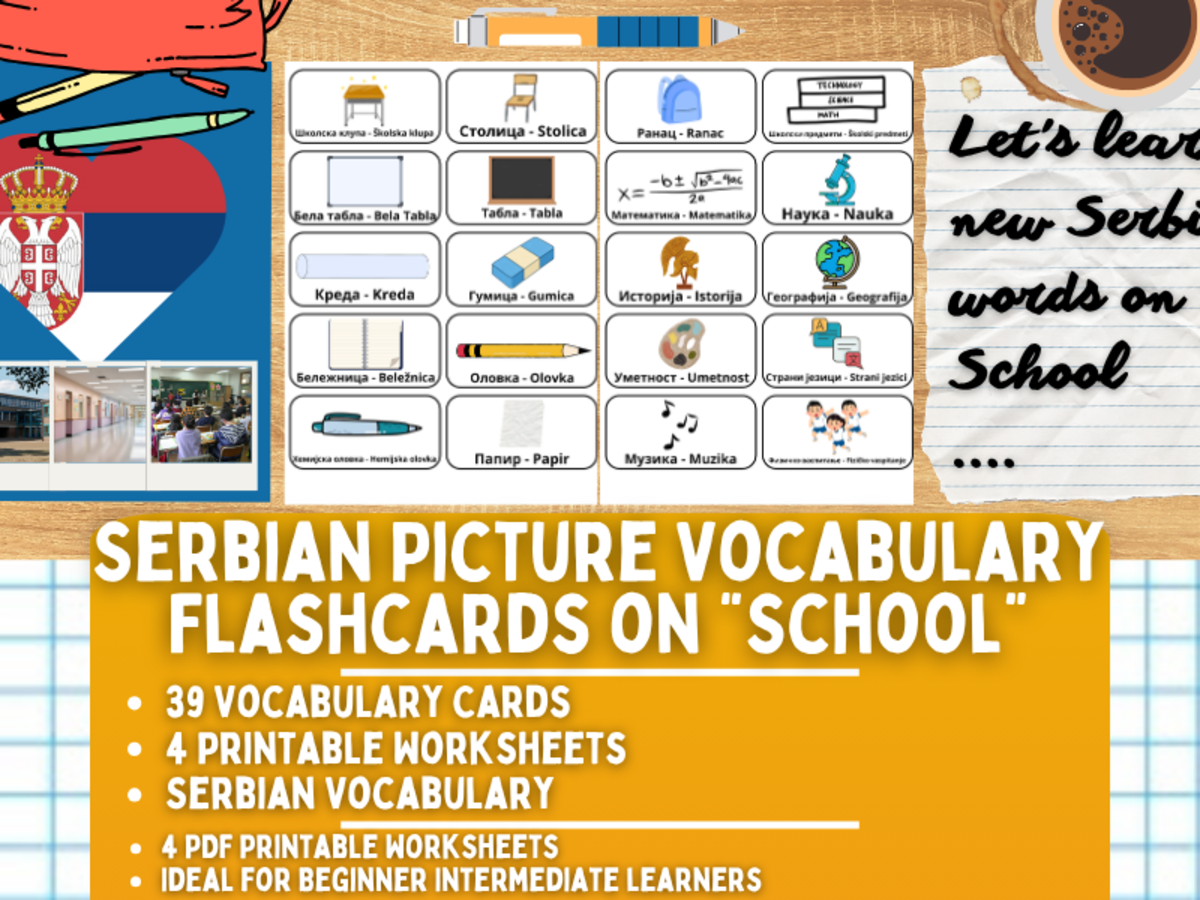 An educational teaching resource from Learning with Alan entitled Serbian Picture Vocabulary Flashcards - School downloadable at Teach Simple.