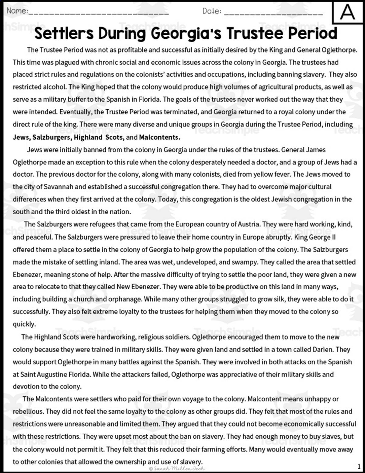 An educational teaching resource from Sarah Miller Tech entitled Settlers During Georgia's Trustee Period Reading Packet downloadable at Teach Simple.