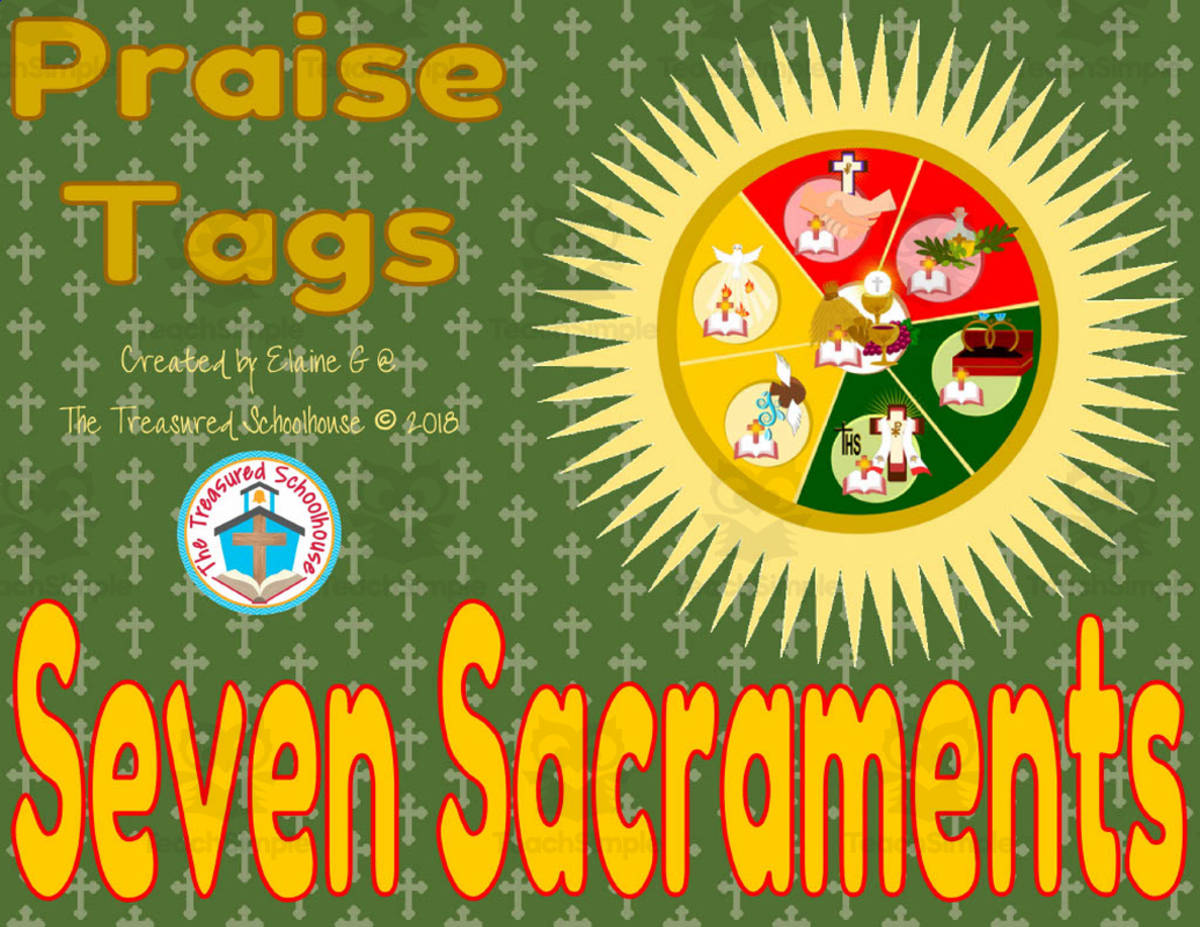 An educational teaching resource from The Treasured Schoolhouse entitled Seven Sacraments Praise Tag downloadable at Teach Simple.