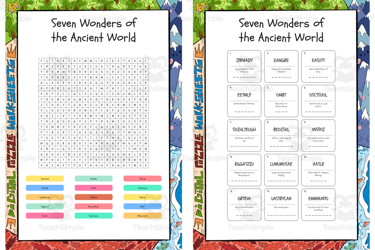 An educational teaching resource from Lapiiin Art Activities entitled Seven Wonders of the Ancient World word search, scramble and crossword downloadable at Teach Simple.