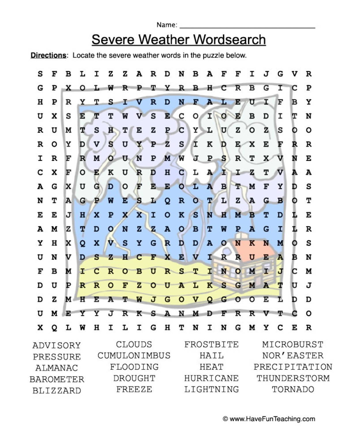 An educational teaching resource from Have Fun Teaching entitled Severe Weather Word Search Worksheet downloadable at Teach Simple.
