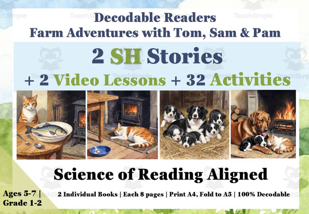 An educational teaching resource from Lilibette's Resources entitled SH: 2 Decodable Reading Books + 2 Video Lessons + 32  Worksheets SOR downloadable at Teach Simple.