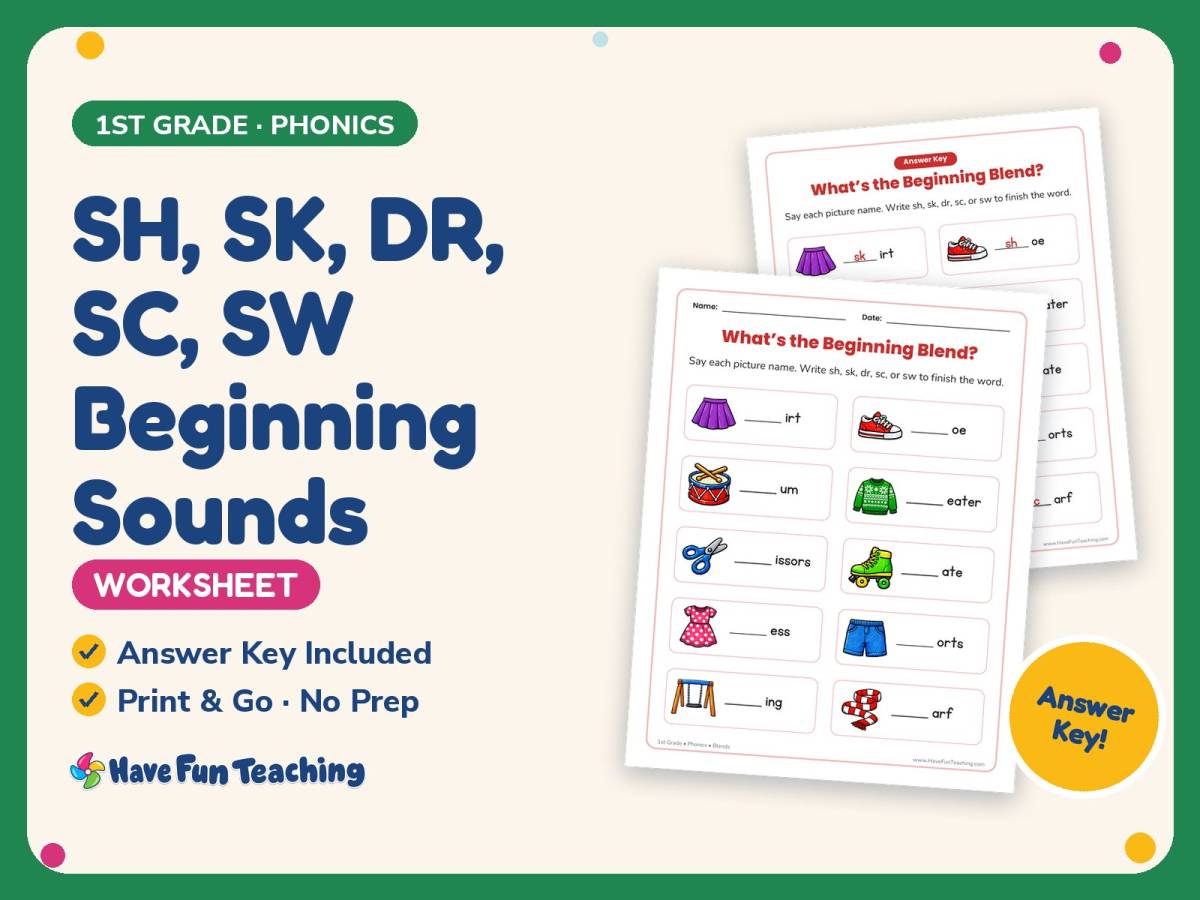 SH, SK, DR, SC, SW Beginning Sounds Worksheet – 1st Grade Blends preview
