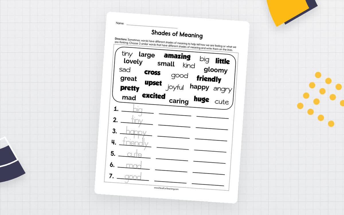 An educational teaching resource from Have Fun Teaching entitled Shades of Meaning Worksheet downloadable at Teach Simple.
