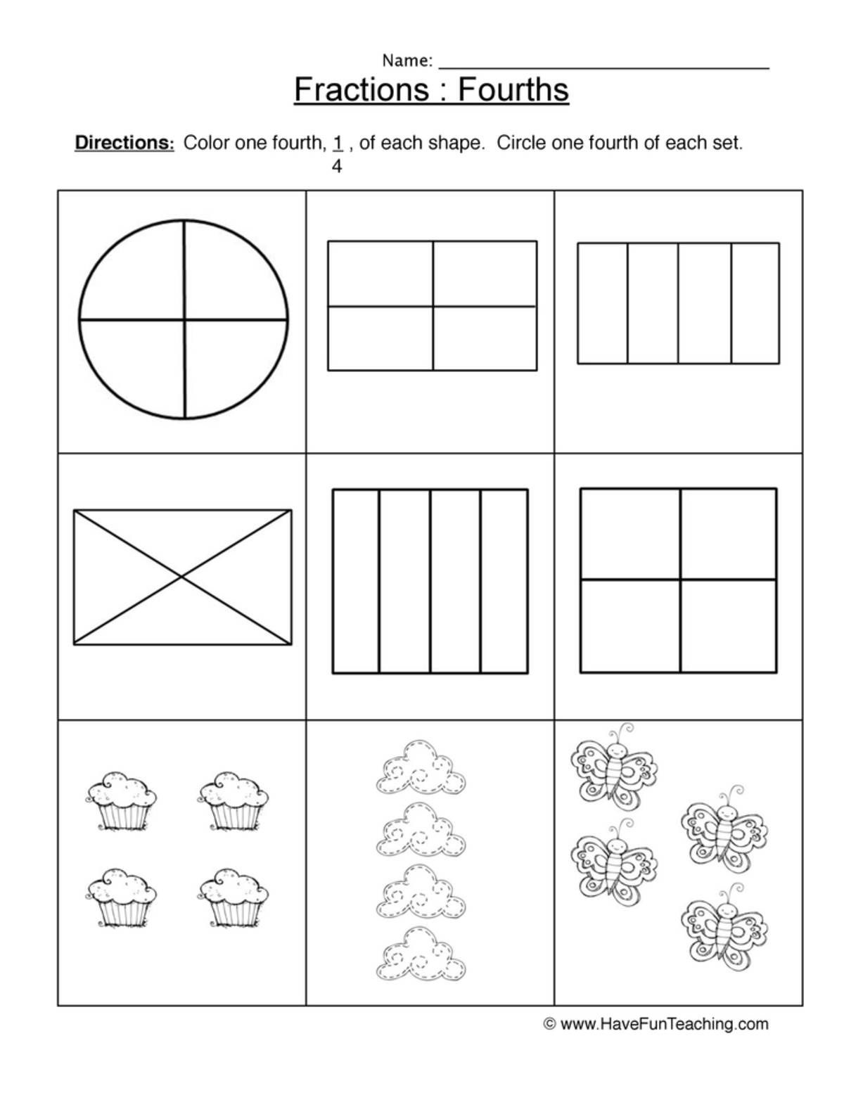 An educational teaching resource from Have Fun Teaching entitled Shading Fractions Fourths – Visual Worksheet downloadable at Teach Simple.