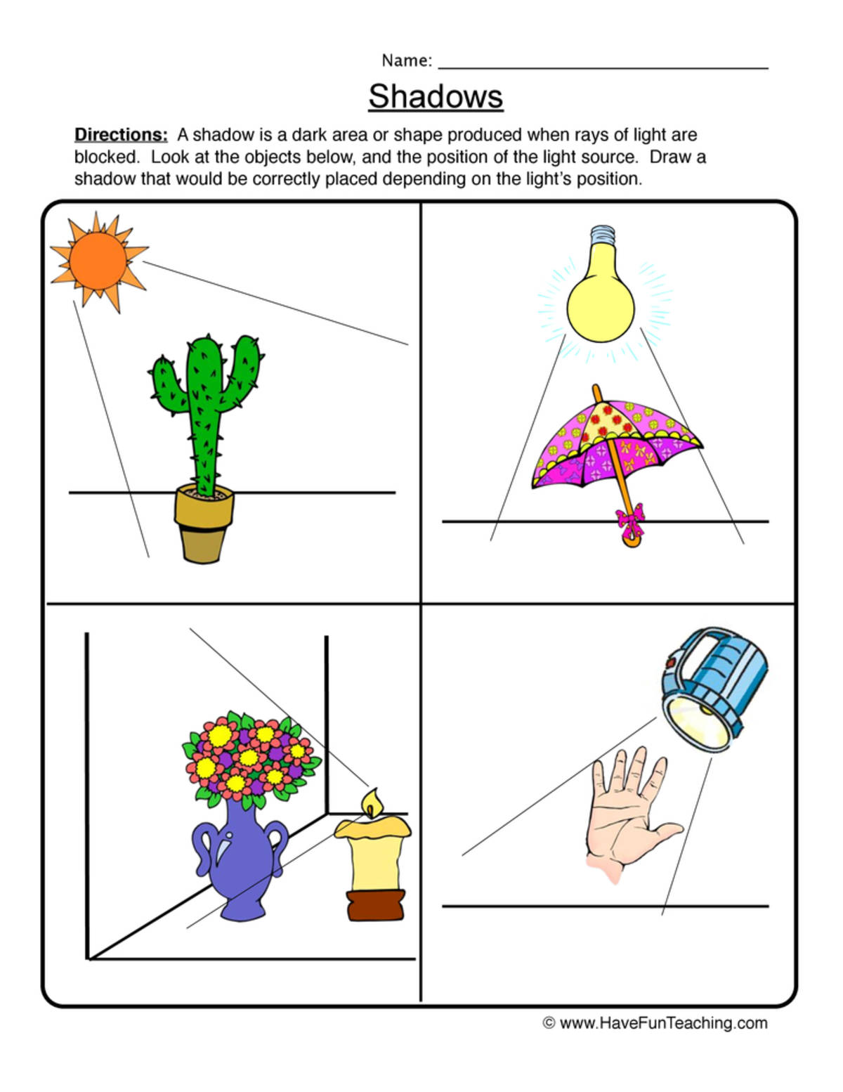 An educational teaching resource from Have Fun Teaching entitled Shadows Drawing Worksheet downloadable at Teach Simple.