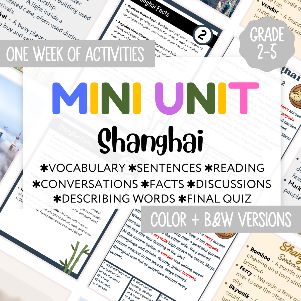 An educational teaching resource from Cored Education entitled Shanghai Mini Unit - Includes Reading, Vocabulary, Facts, Adjectives downloadable at Teach Simple.