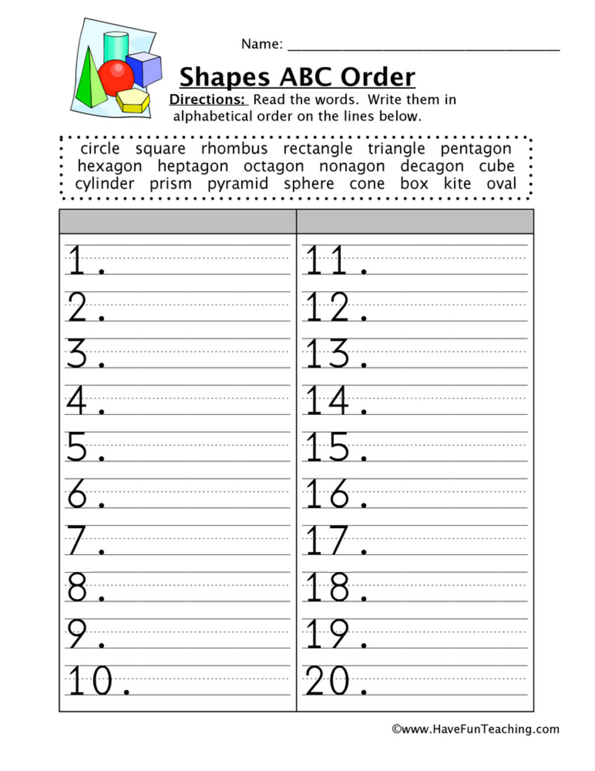 An educational teaching resource from Have Fun Teaching entitled Shapes ABC Order Worksheet downloadable at Teach Simple.