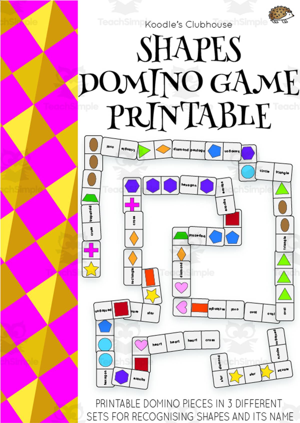 An educational teaching resource from Koodles Clubhouse entitled Shapes Domino Game – 12 Shape Recognition Set downloadable at Teach Simple.