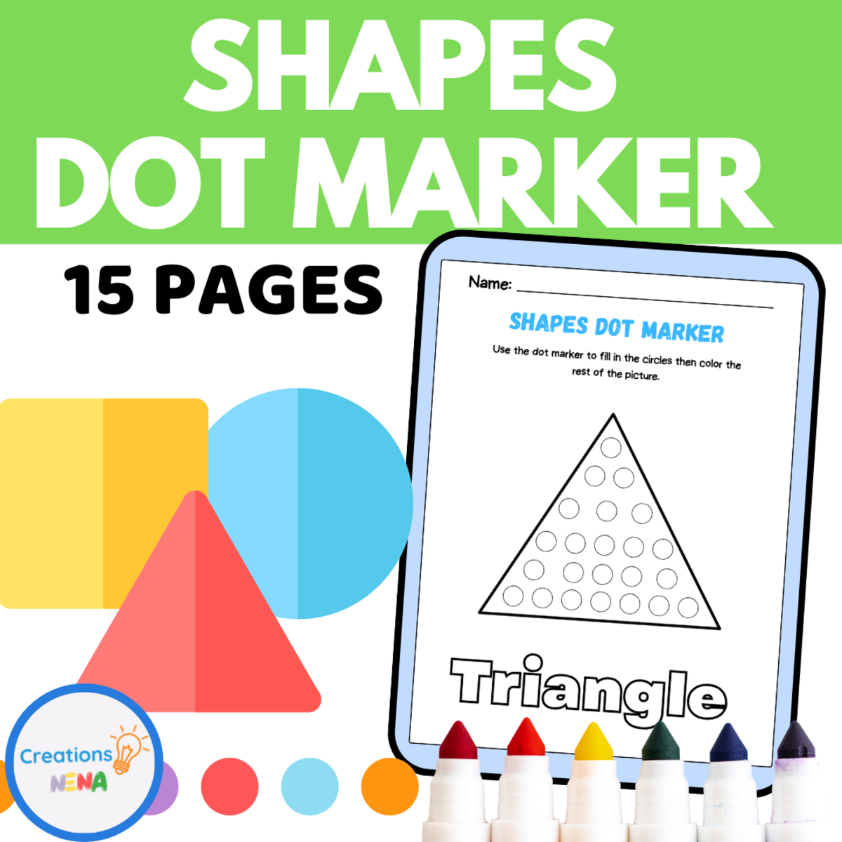 An educational teaching resource from Nena Creations entitled Shapes Dot Marker Worksheets downloadable at Teach Simple.
