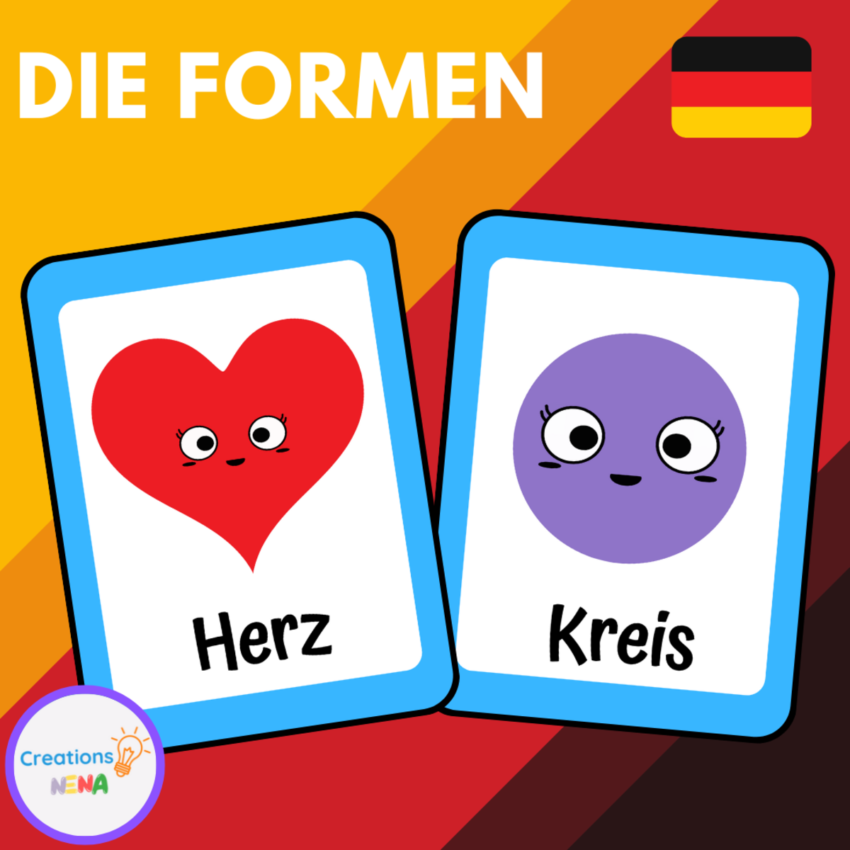 An educational teaching resource from Nena Creations entitled Shapes Flashcards in German. downloadable at Teach Simple.