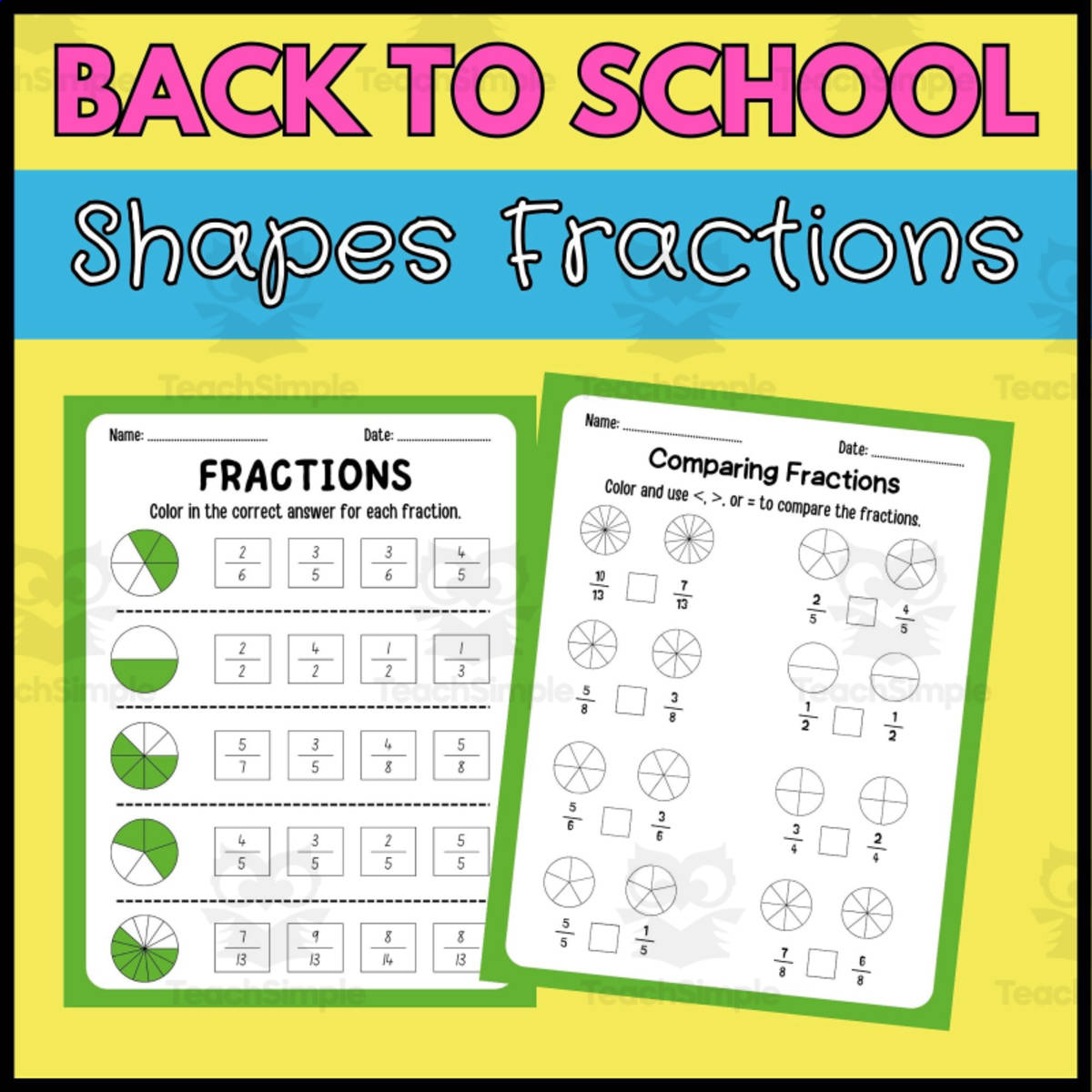An educational teaching resource from Wonderland School entitled Shapes Fractions: Back to School Math Activity downloadable at Teach Simple.