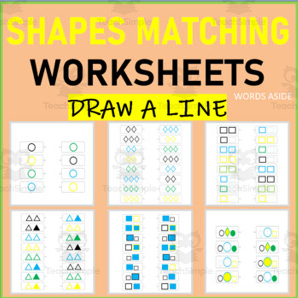 An educational teaching resource from WORDS ASIDE entitled Shapes Matching Worksheets | DRAW A LINE downloadable at Teach Simple.