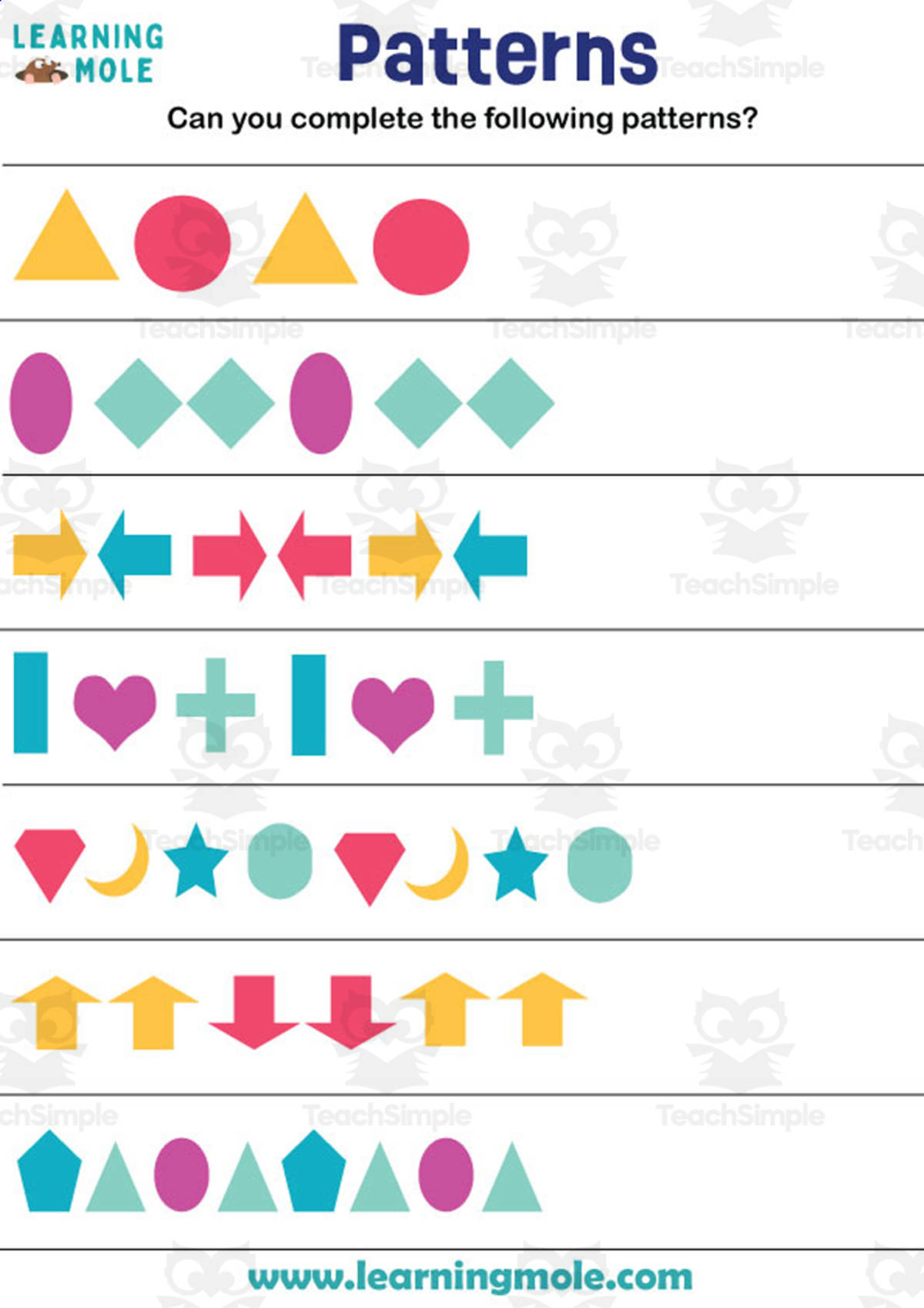 An educational teaching resource from Educational Voice entitled Shapes Patterns Activity downloadable at Teach Simple.