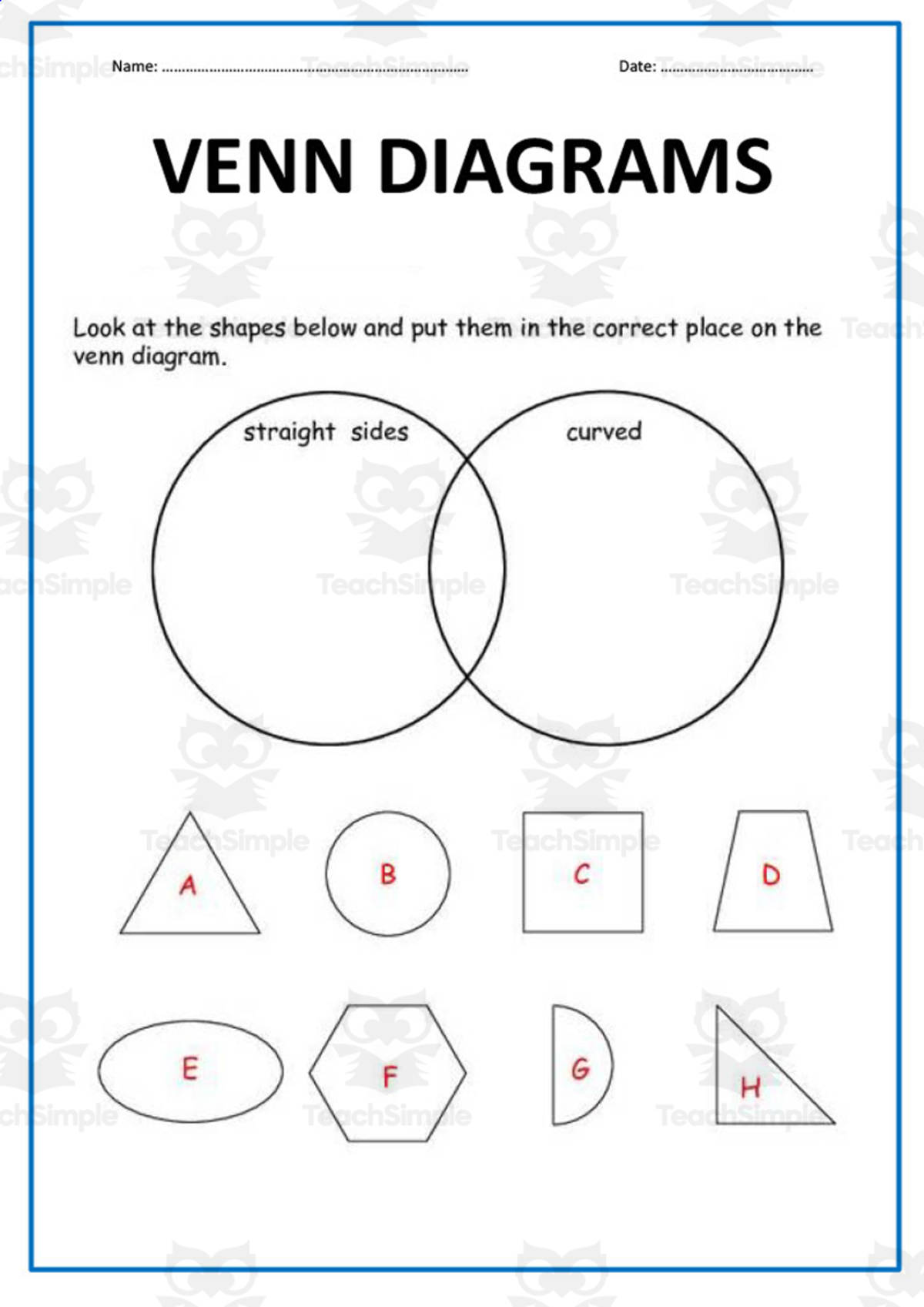 An educational teaching resource from Elementary Resources 4 U entitled Shapes Venn Diagram downloadable at Teach Simple.