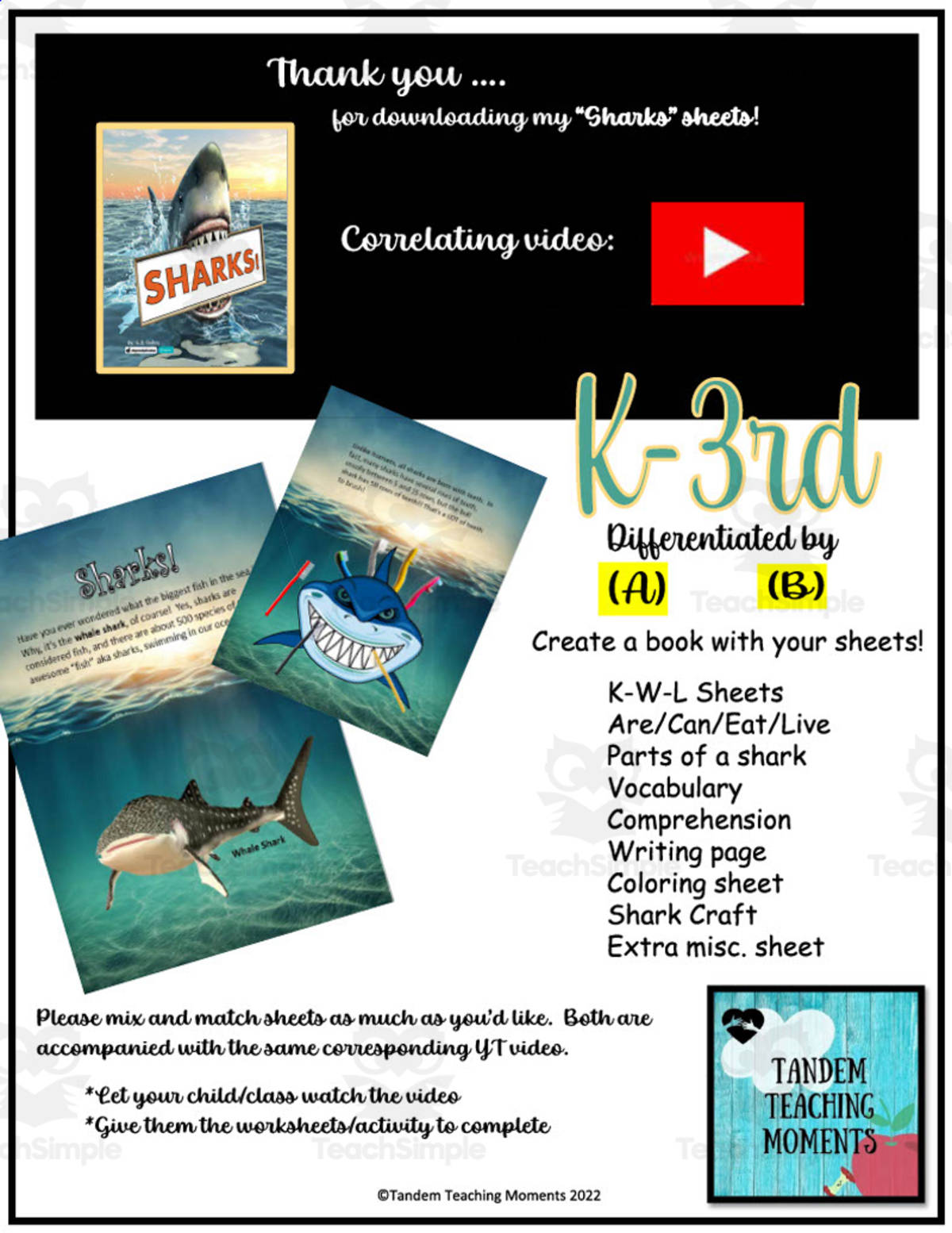 An educational teaching resource from Tandem Teaching Moments entitled "Sharks" Worksheet Packet downloadable at Teach Simple.