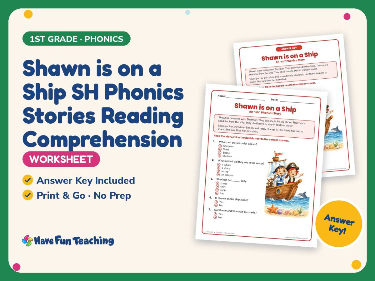 Shawn is on a Ship SH Phonics Stories Reading Worksheet – 1st Grade preview