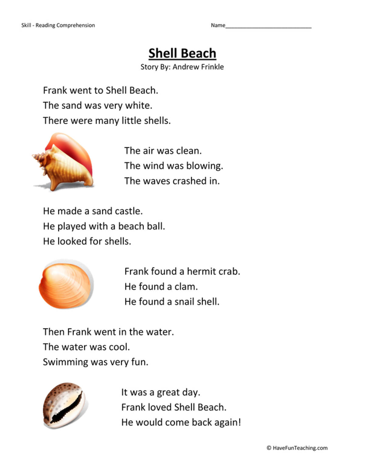 An educational teaching resource from Have Fun Teaching entitled Shell Beach Reading Comprehension Worksheet downloadable at Teach Simple.
