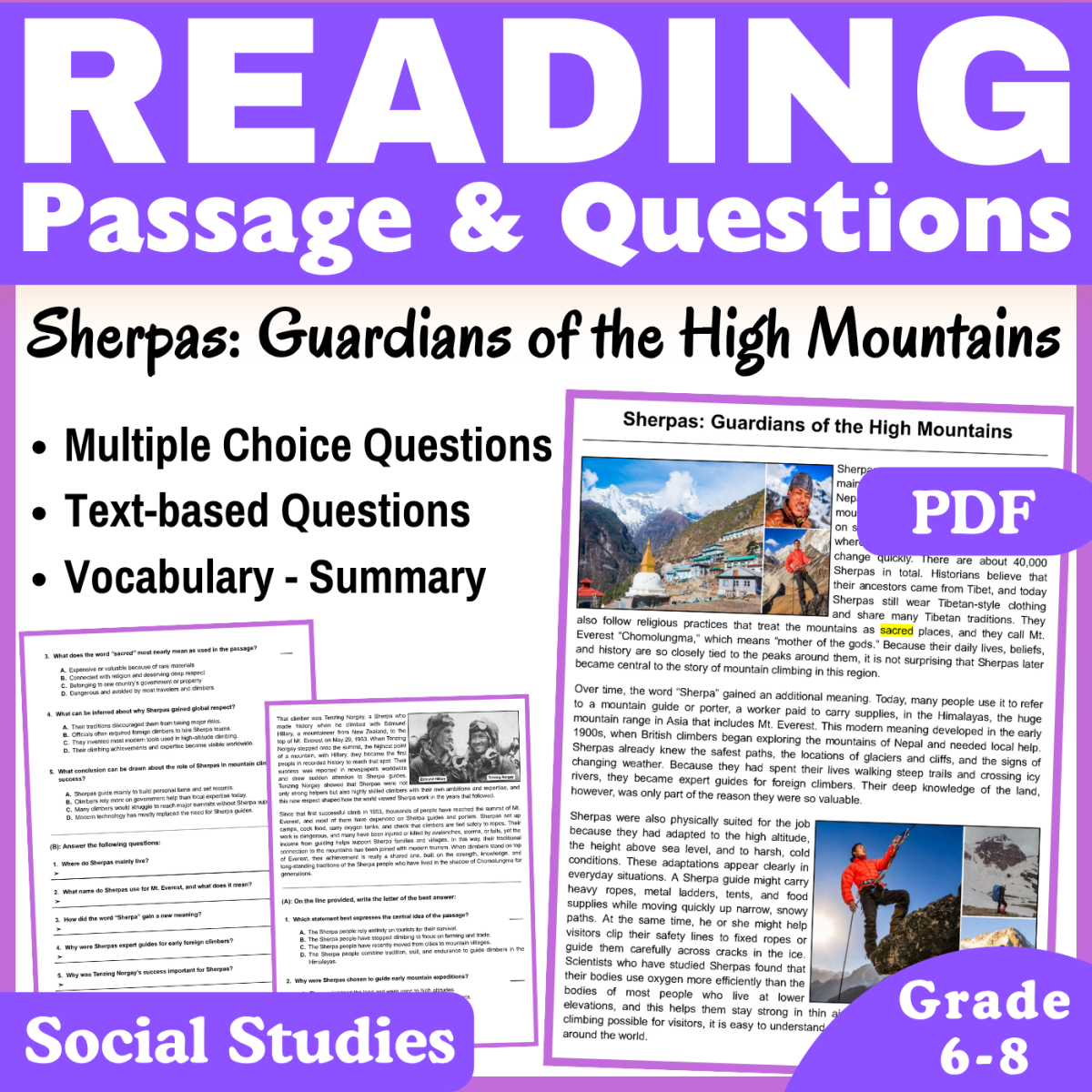 An educational teaching resource from CORED Education - Middle & High School entitled Sherpas in Nepal: Social Studies Reading Comprehension Passage (PDF) downloadable at Teach Simple.