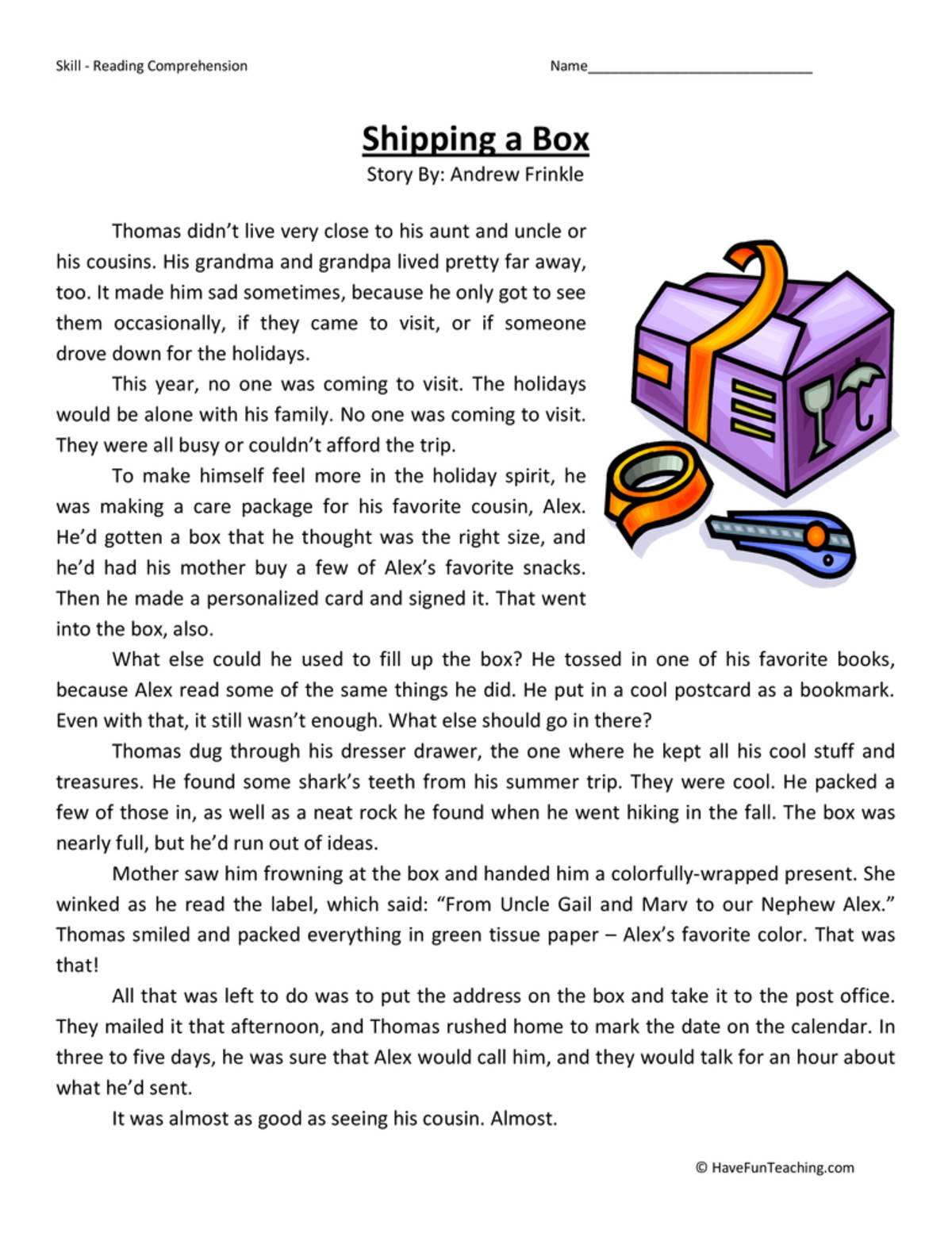 An educational teaching resource from Have Fun Teaching entitled Shipping a Box Reading Comprehension Worksheet downloadable at Teach Simple.