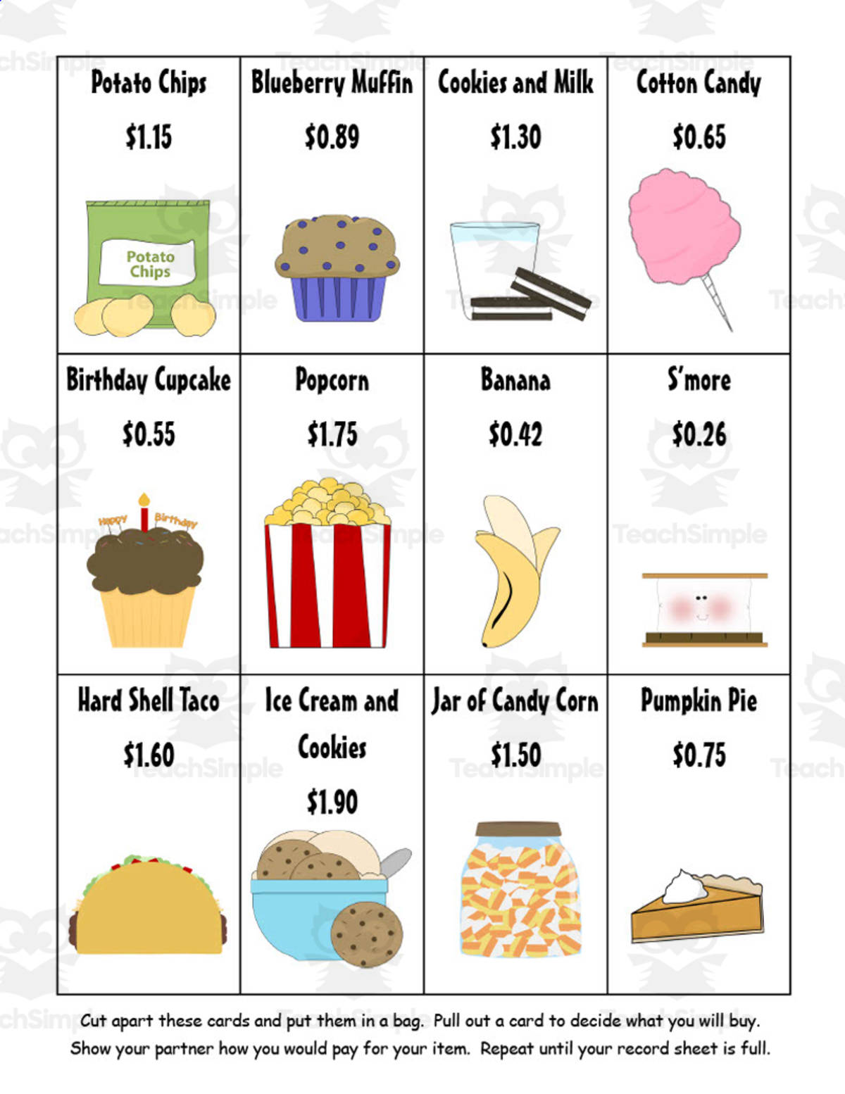 An educational teaching resource from O'Hoppy Day entitled Shopping for Snacks Math Activity downloadable at Teach Simple.