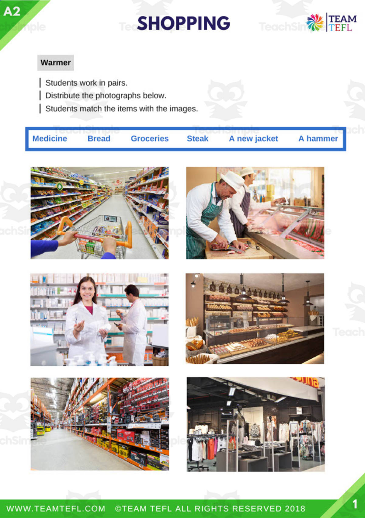An educational teaching resource from TEAM TEFL entitled Shopping | Pre-Intermediate Lesson Plan downloadable at Teach Simple.