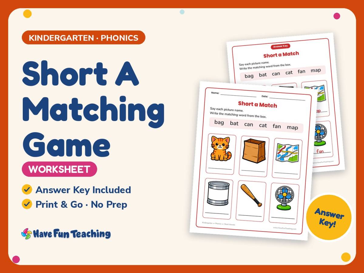 Short A Matching Game Worksheet – Kindergarten Short Vowels Practice preview