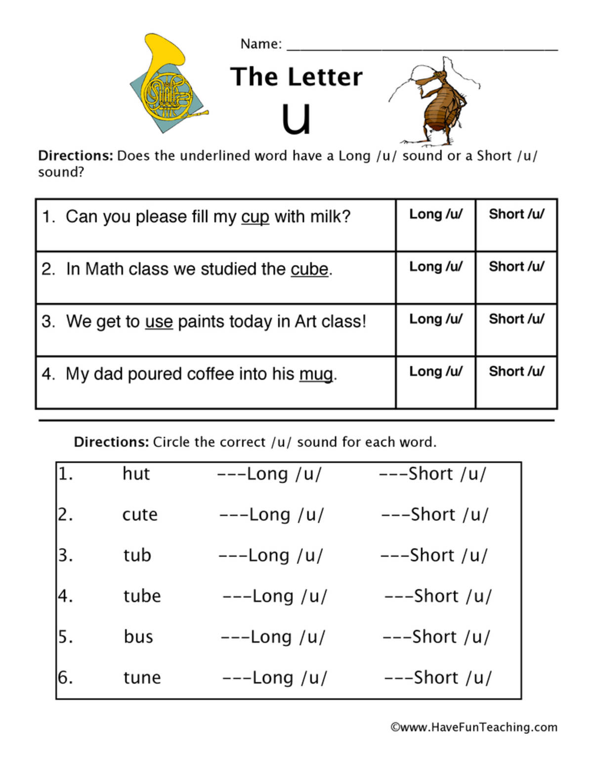 An educational teaching resource from Have Fun Teaching entitled Short and Long Vowel U Worksheet downloadable at Teach Simple.