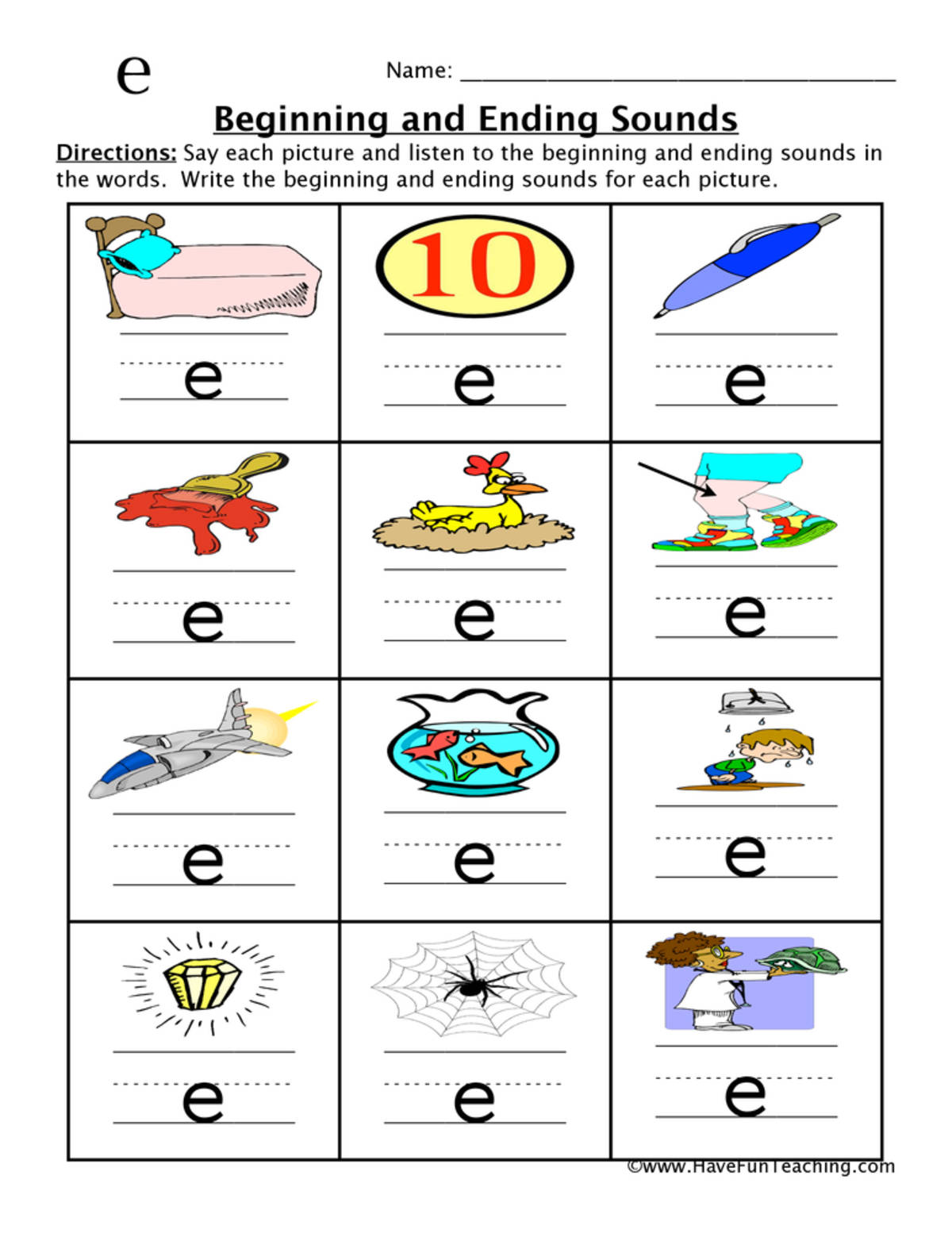 An educational teaching resource from Have Fun Teaching entitled Short E Beginning and Ending Sounds Worksheet downloadable at Teach Simple.