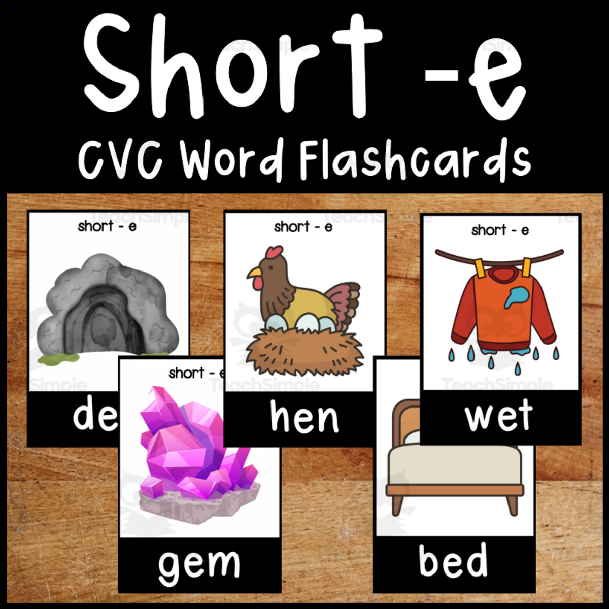 An educational teaching resource from Primary 206 Mix entitled Short -e CVC flashcards downloadable at Teach Simple.