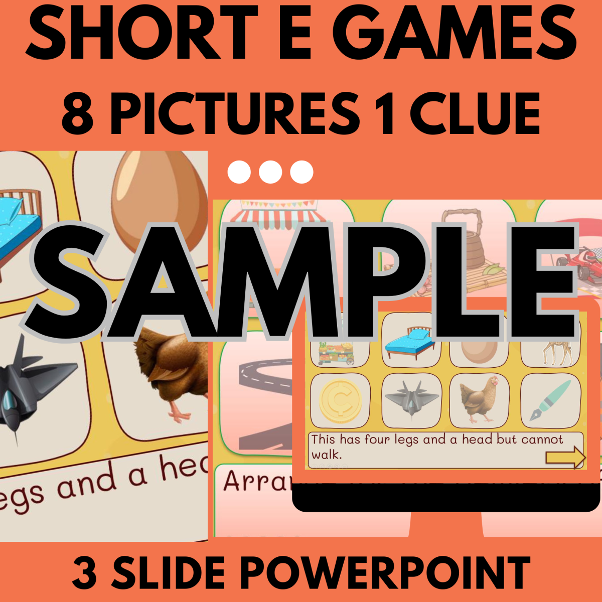 An educational teaching resource from Cored Education entitled Short E: Sample Phonics Games and Activities - 8 Pictures 1 Clue downloadable at Teach Simple.